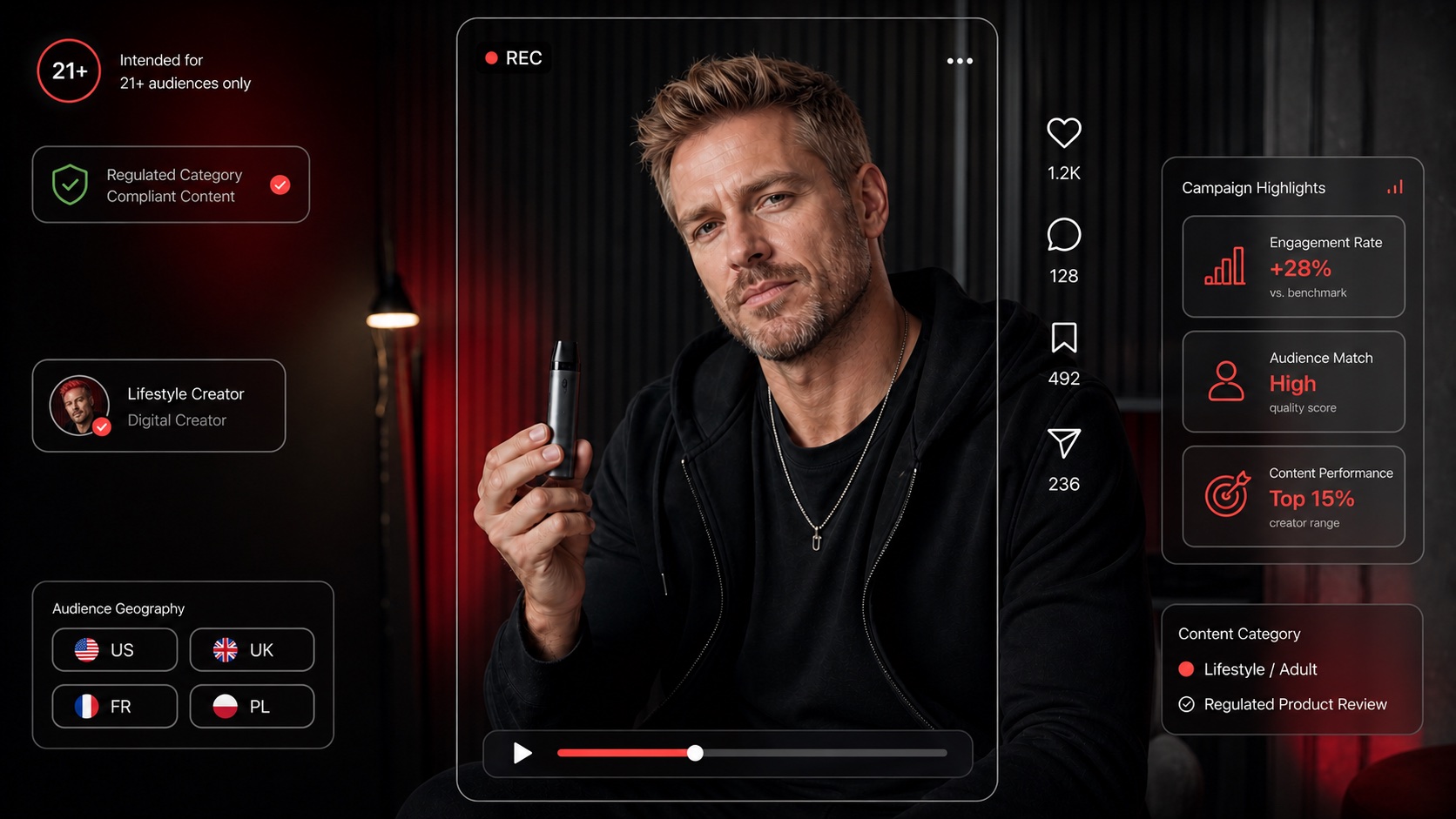 Adult American lifestyle creator presenting a regulated vape product review