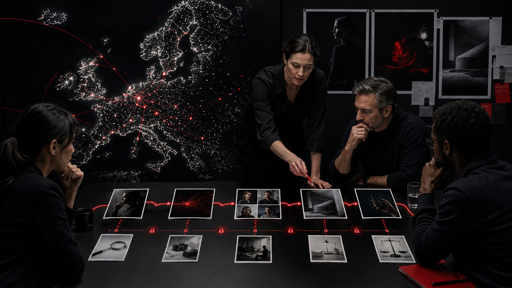 European brand team mapping conversational advertising, creator proof, landing-page and compliance checkpoints in a black red and white planning room