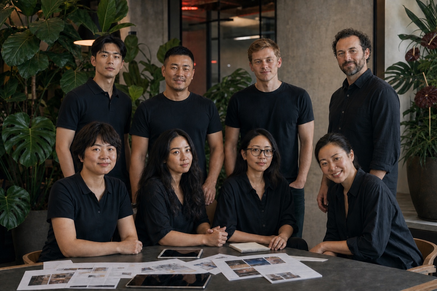 Illustrative global StarGemini team representation with eight creator-marketing professionals